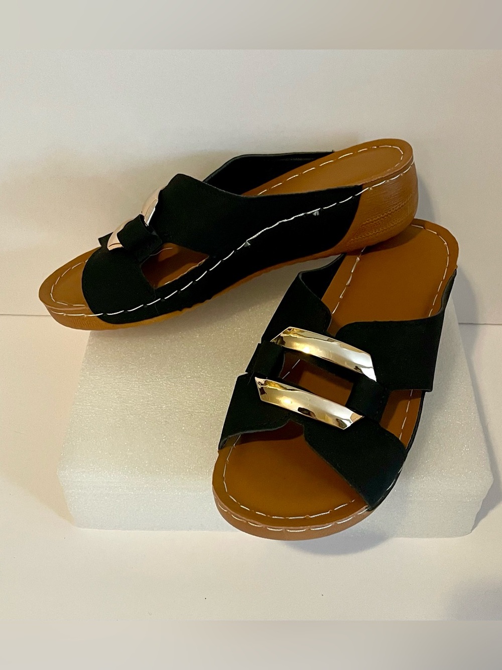 Black Slide Sandals with Gold Accents